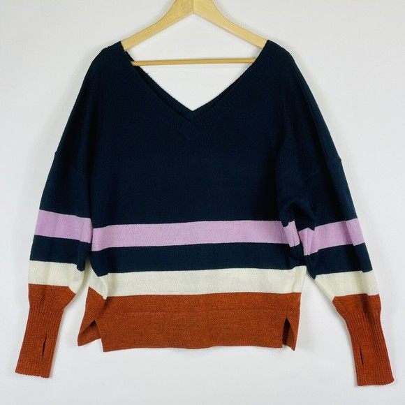 Prana Purple Tan Blue Striped Deep Plunge V-Neck Sweater Womens Sz Medium - Picture 1 of 7